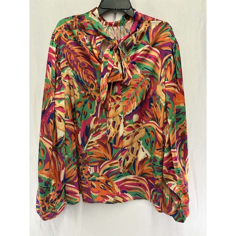Flying Tomato 2X Boho Tropical Resort Statement Blouse Tie Neck Balloon Sleeve